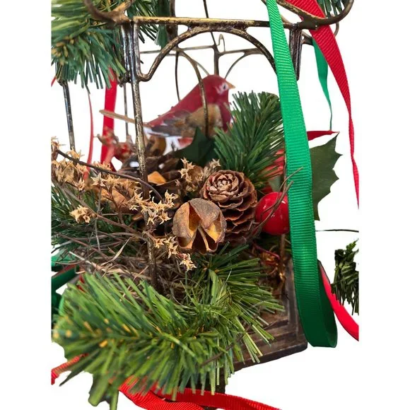 Vtg Christmas MCM Cardinal Metal Bird Cage Hanging Holly Ribbon